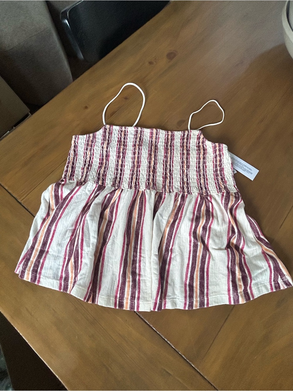 NWT AE Striped Smocked Spaghetti‑Strap Tank Top in Burgundy and Cream